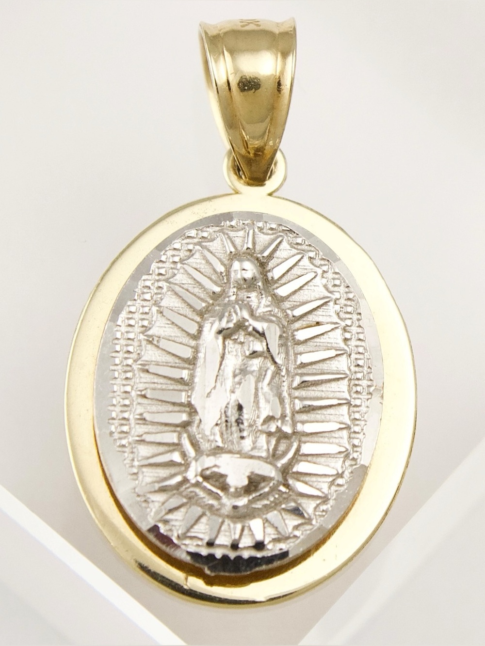 10K Gold Our Lady of Guadalupe Virgin Mary Necklace Pendant Two-Tone Solid Gold